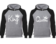 將圖片載入圖庫檢視器 King Queen couple hoodies, raglan hoodie. Black Grey hoodie mens, Black Grey red hoodie womens. 
