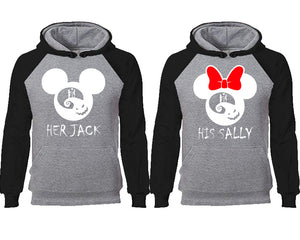 Her Jack and His Sally couple hoodies, raglan hoodie. Black Grey hoodie mens, Black Grey red hoodie womens. 