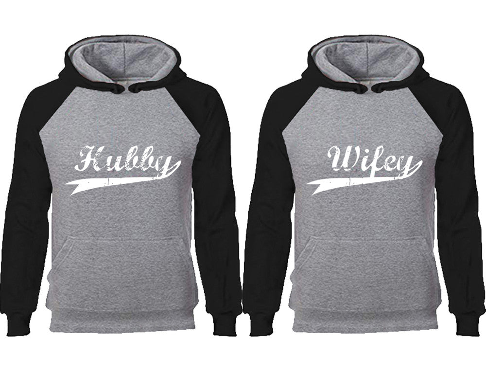 Hubby Wifey couple hoodies, raglan hoodie. Black Grey hoodie mens, Black Grey red hoodie womens. 