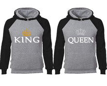 Load image into Gallery viewer, King Queen couple hoodies, raglan hoodie. Black Grey hoodie mens, Black Grey red hoodie womens. 

