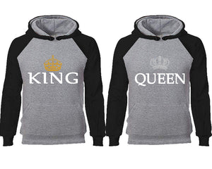 King Queen couple hoodies, raglan hoodie. Black Grey hoodie mens, Black Grey red hoodie womens. 