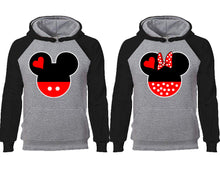 Görseli Galeri görüntüleyiciye yükleyin, Mickey Minnie couple hoodies, raglan hoodie. Black Grey hoodie mens, Black Grey red hoodie womens. 
