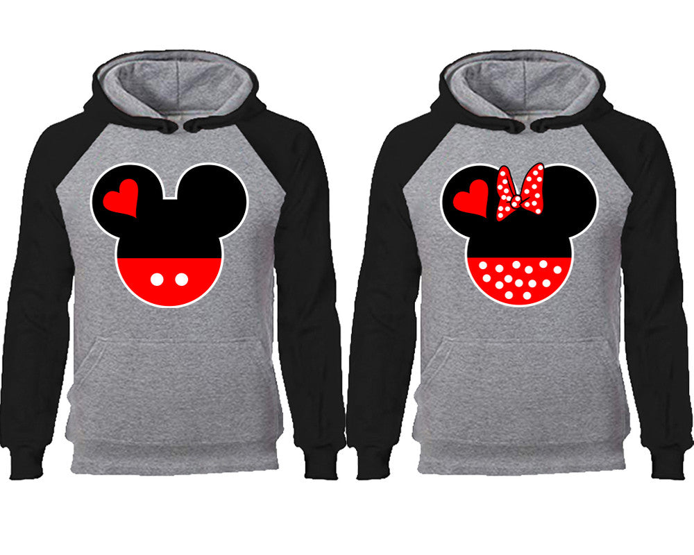 Mickey Minnie couple hoodies, raglan hoodie. Black Grey hoodie mens, Black Grey red hoodie womens. 