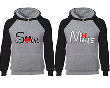 Load image into Gallery viewer, Soul Mate couple hoodies, raglan hoodie. Black Grey hoodie mens, Black Grey red hoodie womens. 
