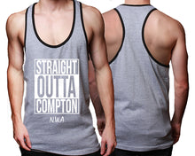 Load image into Gallery viewer, Straight Outta Compton custom tank top, graphic tees. Black Grey tank top for men. Black Grey color racerback tanktop for mens.
