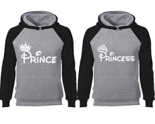 Load image into Gallery viewer, Prince Princess couple hoodies, raglan hoodie. Black Grey hoodie mens, Black Grey red hoodie womens. 
