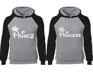Prince Princess couple hoodies, raglan hoodie. Black Grey hoodie mens, Black Grey red hoodie womens. 