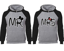 Cargar imagen en el visor de la galería, Mr Mrs couple hoodies, raglan hoodie. Black Grey hoodie mens, Black Grey red hoodie womens. 
