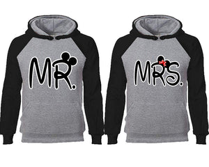 Mr Mrs couple hoodies, raglan hoodie. Black Grey hoodie mens, Black Grey red hoodie womens. 