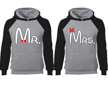 將圖片載入圖庫檢視器 Mr Mrs couple hoodies, raglan hoodie. Black Grey hoodie mens, Black Grey red hoodie womens. 
