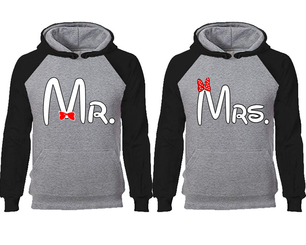 Mr Mrs couple hoodies, raglan hoodie. Black Grey hoodie mens, Black Grey red hoodie womens. 