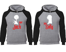Cargar imagen en el visor de la galería, Her Jack His Sally couple hoodies, raglan hoodie. Black Grey hoodie mens, Black Grey red hoodie womens. 
