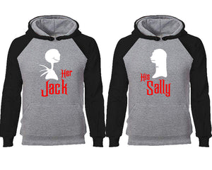 Her Jack His Sally couple hoodies, raglan hoodie. Black Grey hoodie mens, Black Grey red hoodie womens. 