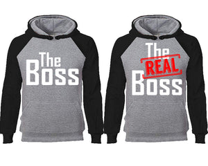 The Boss The Real Boss couple hoodies, raglan hoodie. Black Grey hoodie mens, Black Grey red hoodie womens. 