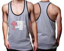 Load image into Gallery viewer, Only God Can Judge Me custom tank top, graphic tees. Black Grey tank top for men. Black Grey color racerback tanktop for mens.
