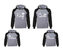 Load image into Gallery viewer, King Queen, Prince and Princess. Matching family outfits. Black Grey adults, kids pullover hoodie.
