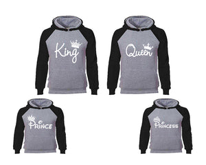 King Queen, Prince and Princess. Matching family outfits. Black Grey adults, kids pullover hoodie.