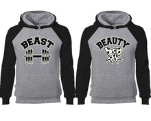 將圖片載入圖庫檢視器 Beast Beauty couple hoodies, raglan hoodie. Black Grey hoodie mens, Black Grey red hoodie womens. 

