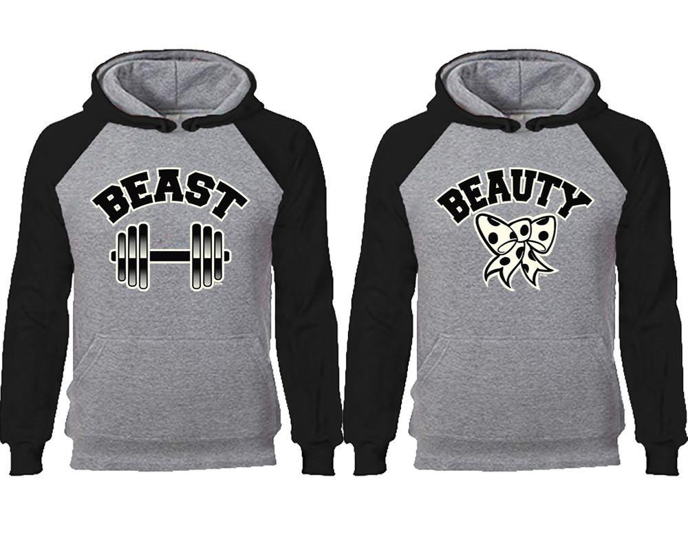 Beast Beauty couple hoodies, raglan hoodie. Black Grey hoodie mens, Black Grey red hoodie womens. 