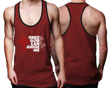 Load image into Gallery viewer, Only God Can Judge Me custom tank top, graphic tees. Black Maroon tank top for men. Black Maroon color racerback tanktop for mens.
