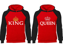 Load image into Gallery viewer, King Queen couple hoodies, raglan hoodie. Black Red hoodie mens, Black Red red hoodie womens. 
