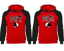 Load image into Gallery viewer, Mr Mrs couple hoodies, raglan hoodie. Black Red hoodie mens, Black Red red hoodie womens. 
