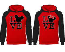 Load image into Gallery viewer, LOVE couple hoodies, raglan hoodie. Black Red hoodie mens, Black Red red hoodie womens. 
