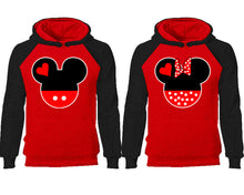 Görseli Galeri görüntüleyiciye yükleyin, Mickey Minnie couple hoodies, raglan hoodie. Black Red hoodie mens, Black Red red hoodie womens. 
