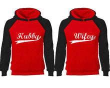 將圖片載入圖庫檢視器 Hubby Wifey couple hoodies, raglan hoodie. Black Red hoodie mens, Black Red red hoodie womens. 
