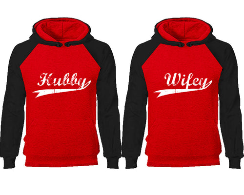 Hubby Wifey couple hoodies, raglan hoodie. Black Red hoodie mens, Black Red red hoodie womens. 