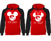 Load image into Gallery viewer, Her Jack and His Sally couple hoodies, raglan hoodie. Black Red hoodie mens, Black Red red hoodie womens. 
