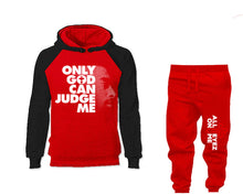 Görseli Galeri görüntüleyiciye yükleyin, Only God Can Judge Me outfits bottom and top, Black Red hoodies for men, Black Red mens joggers. Hoodie and jogger pants for mens
