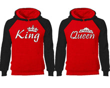 Cargar imagen en el visor de la galería, King Queen couple hoodies, raglan hoodie. Black Red hoodie mens, Black Red red hoodie womens. 
