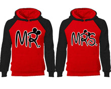 Load image into Gallery viewer, Mr Mrs couple hoodies, raglan hoodie. Black Red hoodie mens, Black Red red hoodie womens. 
