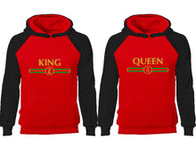 Cargar imagen en el visor de la galería, King Queen couple hoodies, raglan hoodie. Black Red hoodie mens, Black Red red hoodie womens. 
