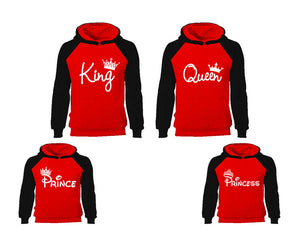 King Queen, Prince and Princess. Matching family outfits. Black Red adults, kids pullover hoodie.