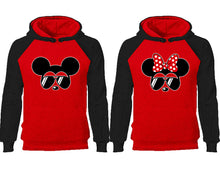 Cargar imagen en el visor de la galería, Mickey Minnie couple hoodies, raglan hoodie. Black Red hoodie mens, Black Red red hoodie womens. 
