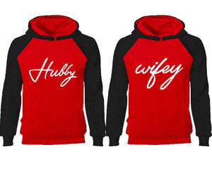 Hubby Wifey couple hoodies, raglan hoodie. Black Red hoodie mens, Black Red red hoodie womens. 