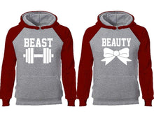 Cargar imagen en el visor de la galería, Beast Beauty couple hoodies, raglan hoodie. Burgundy Grey hoodie mens, Burgundy Grey red hoodie womens. 
