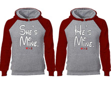 將圖片載入圖庫檢視器 She&#39;s Mine He&#39;s Mine couple hoodies, raglan hoodie. Burgundy Grey hoodie mens, Burgundy Grey red hoodie womens. 
