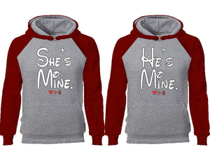 She's Mine He's Mine couple hoodies, raglan hoodie. Burgundy Grey hoodie mens, Burgundy Grey red hoodie womens. 
