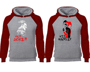 Her Joker His Harley couple hoodies, raglan hoodie. Burgundy Grey hoodie mens, Burgundy Grey red hoodie womens. 