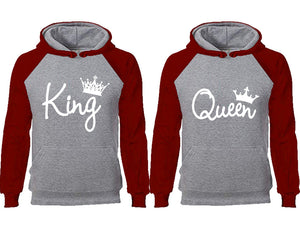 King Queen couple hoodies, raglan hoodie. Burgundy Grey hoodie mens, Burgundy Grey red hoodie womens. 