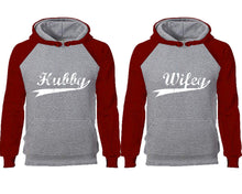 將圖片載入圖庫檢視器 Hubby Wifey couple hoodies, raglan hoodie. Burgundy Grey hoodie mens, Burgundy Grey red hoodie womens. 
