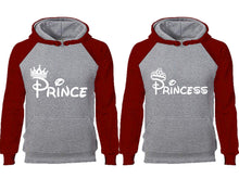 Cargar imagen en el visor de la galería, Prince Princess couple hoodies, raglan hoodie. Burgundy Grey hoodie mens, Burgundy Grey red hoodie womens. 
