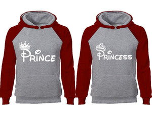 Prince Princess couple hoodies, raglan hoodie. Burgundy Grey hoodie mens, Burgundy Grey red hoodie womens. 