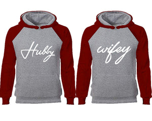Hubby Wifey couple hoodies, raglan hoodie. Burgundy Grey hoodie mens, Burgundy Grey red hoodie womens. 