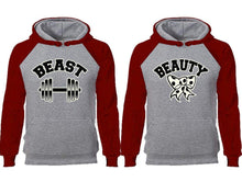 將圖片載入圖庫檢視器 Beast Beauty couple hoodies, raglan hoodie. Burgundy Grey hoodie mens, Burgundy Grey red hoodie womens. 
