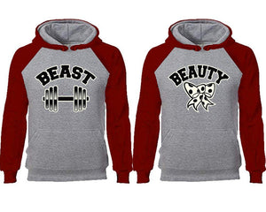 Beast Beauty couple hoodies, raglan hoodie. Burgundy Grey hoodie mens, Burgundy Grey red hoodie womens. 