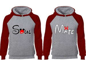 Soul Mate couple hoodies, raglan hoodie. Burgundy Grey hoodie mens, Burgundy Grey red hoodie womens. 